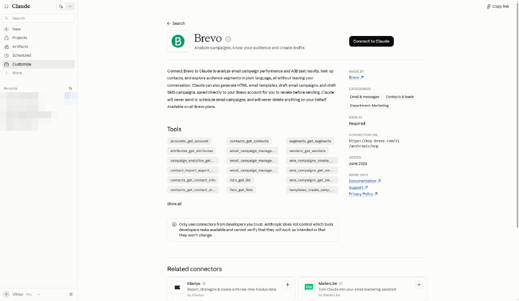 Brevo connector page in Claude, before connecting: description, tool list, Sign-in Required and the Connect to Claude button